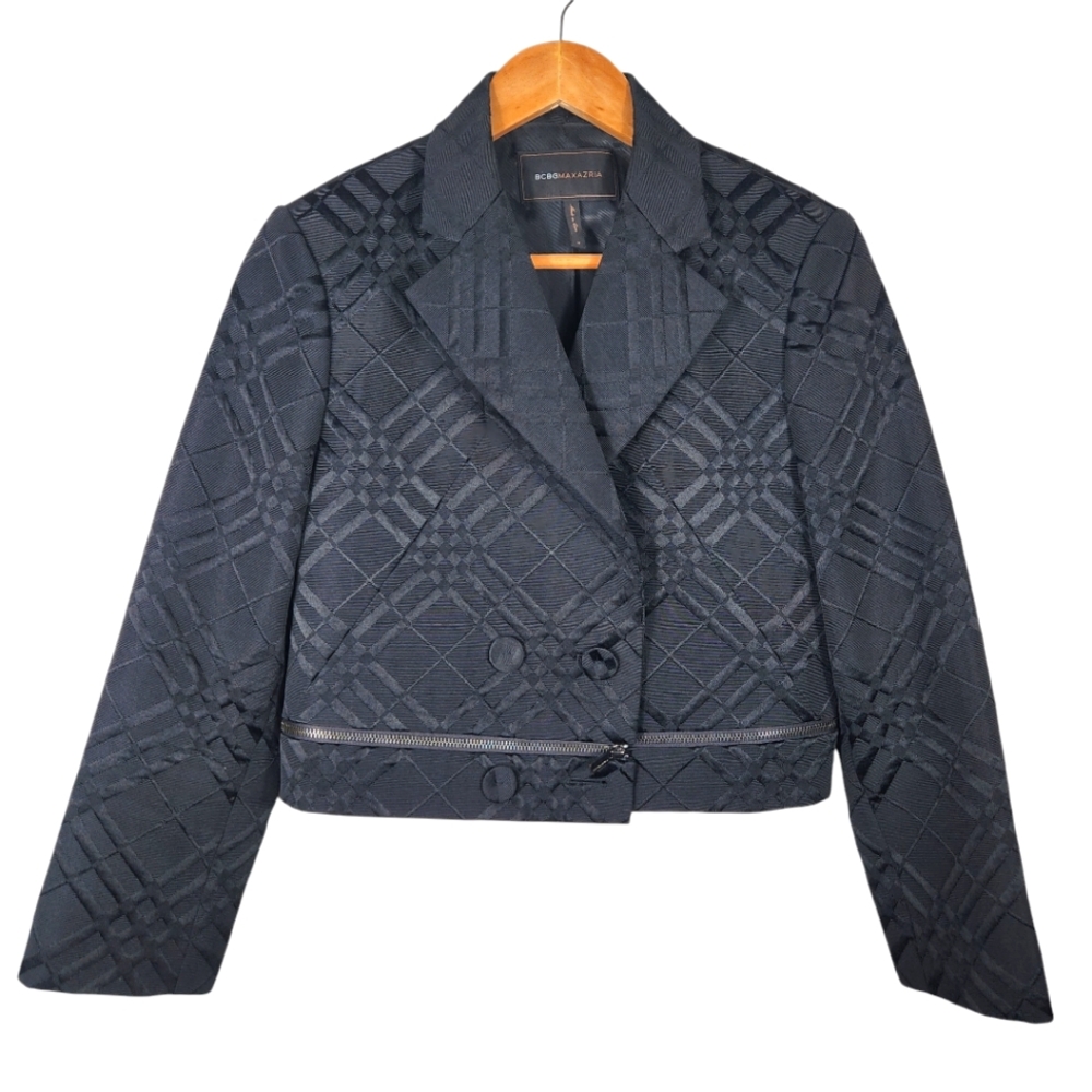 BCBGMAXAZRIA Black Jacket Light Coat Cropped Texturized Diagonal Plaid M